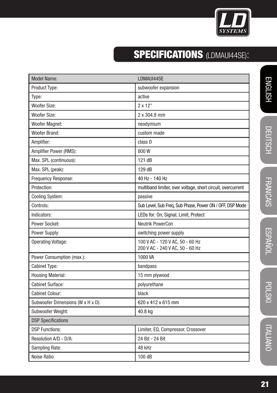 Specifications, Ldmaui44se) | LD Systems MAUI 44 User Manual | Page 21 / 148