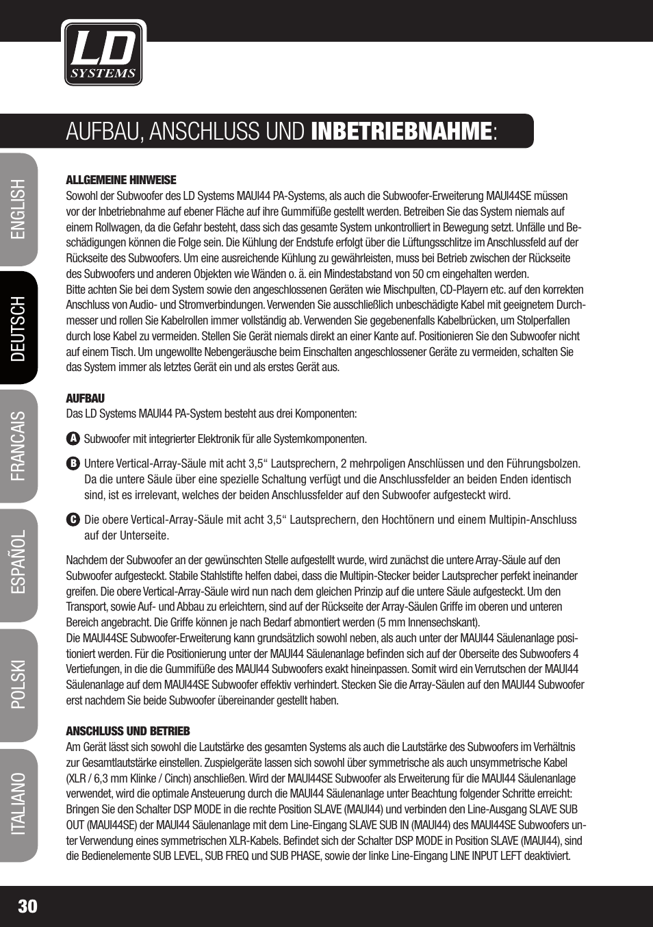 Aufbau, anschluss und inbetriebnahme | LD Systems MAUI 44 User Manual | Page 30 / 148