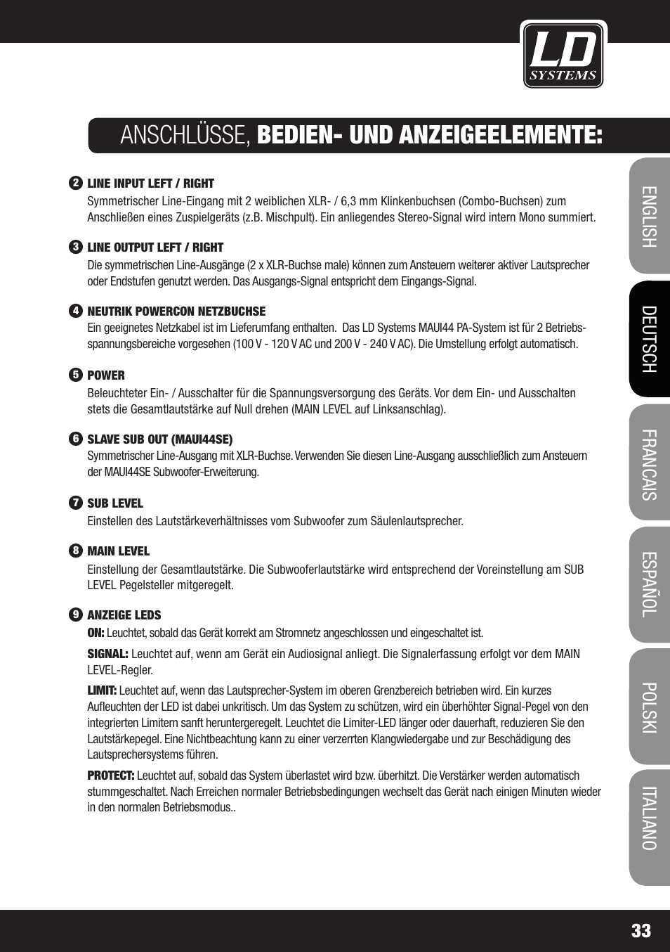 Anschlüsse, bedien- und anzeigeelemente | LD Systems MAUI 44 User Manual | Page 33 / 148