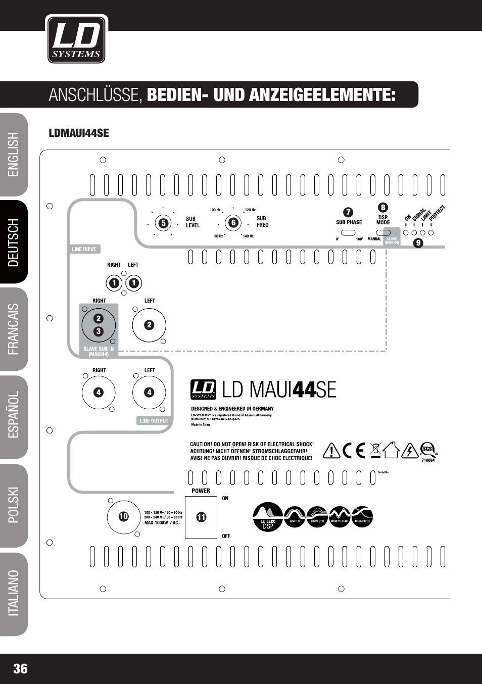 Anschlüsse, bedien- und anzeigeelemente | LD Systems MAUI 44 User Manual | Page 36 / 148