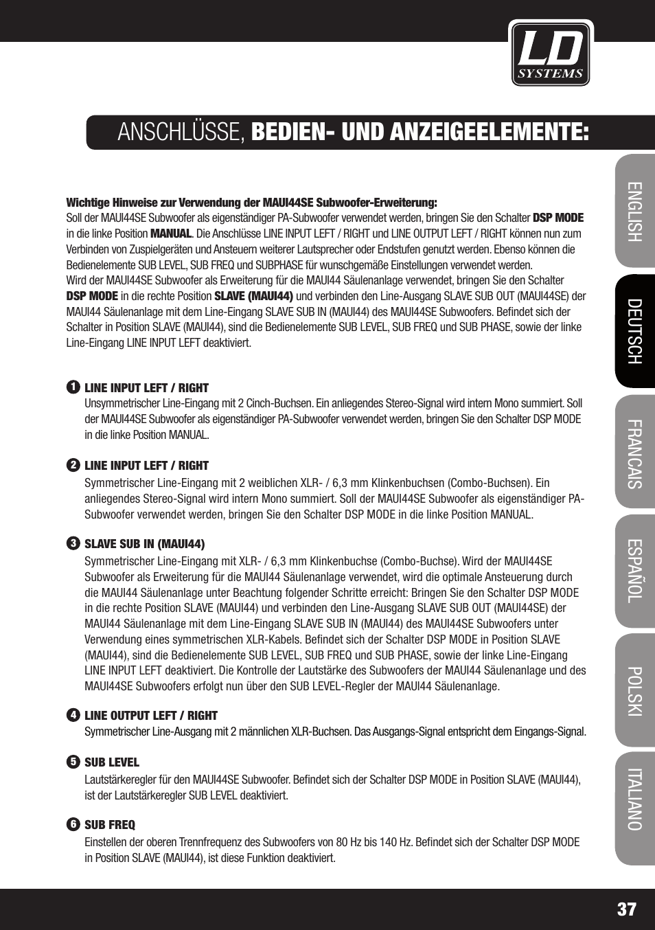 Anschlüsse, bedien- und anzeigeelemente | LD Systems MAUI 44 User Manual | Page 37 / 148