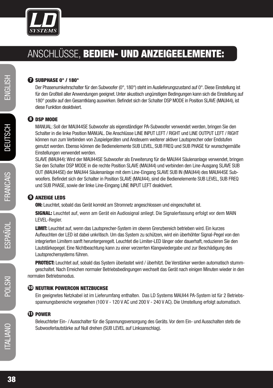 Anschlüsse, bedien- und anzeigeelemente | LD Systems MAUI 44 User Manual | Page 38 / 148