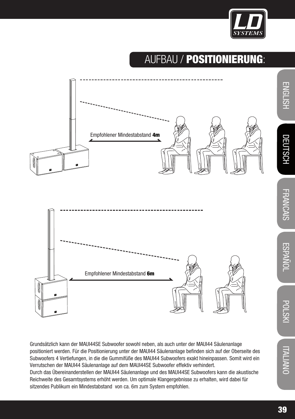 Aufbau / positionierung | LD Systems MAUI 44 User Manual | Page 39 / 148