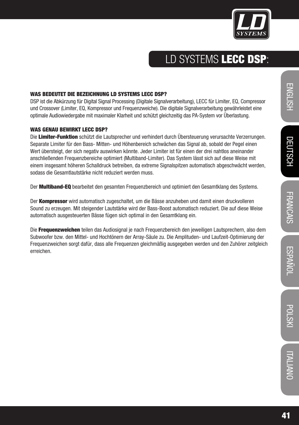 Verkablungs beispiel : ld systems lecc dsp | LD Systems MAUI 44 User Manual | Page 41 / 148