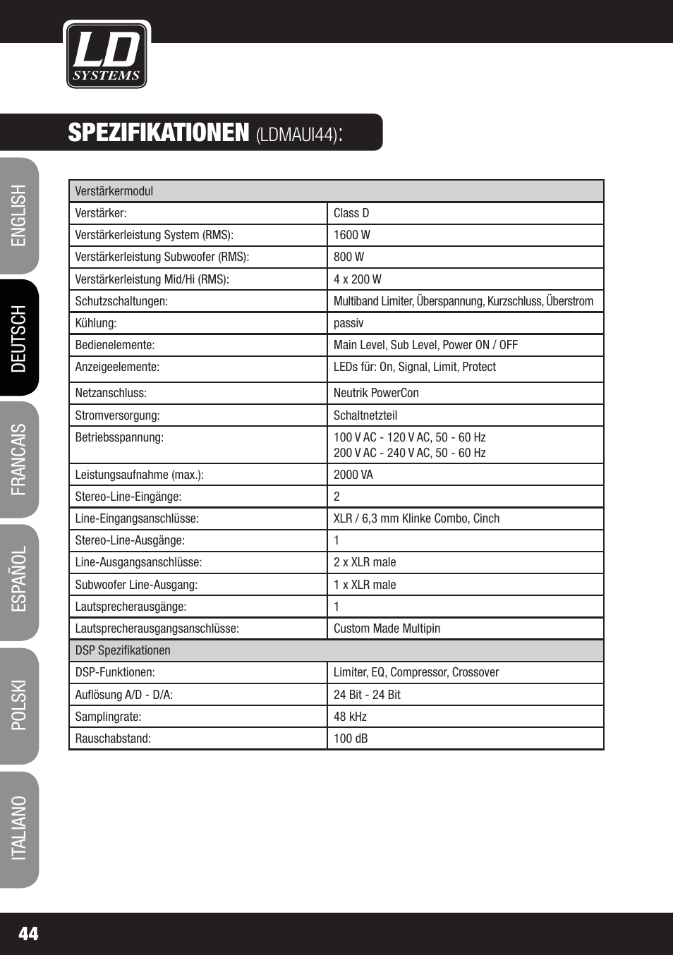 Spezifikationen, Ldmaui44) | LD Systems MAUI 44 User Manual | Page 44 / 148