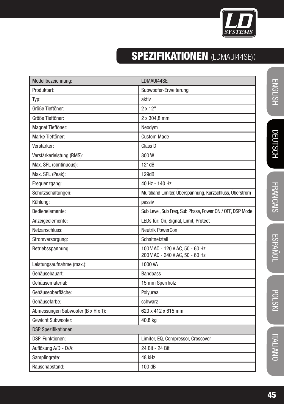 Spezifikationen, Ldmaui44se) | LD Systems MAUI 44 User Manual | Page 45 / 148