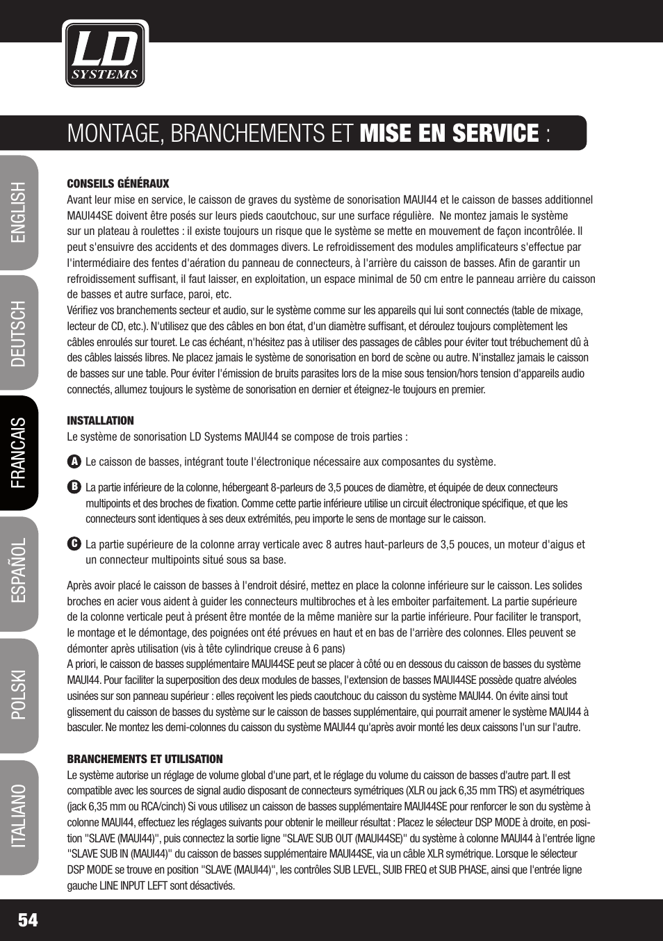 Montage, branchements et mise en service | LD Systems MAUI 44 User Manual | Page 54 / 148