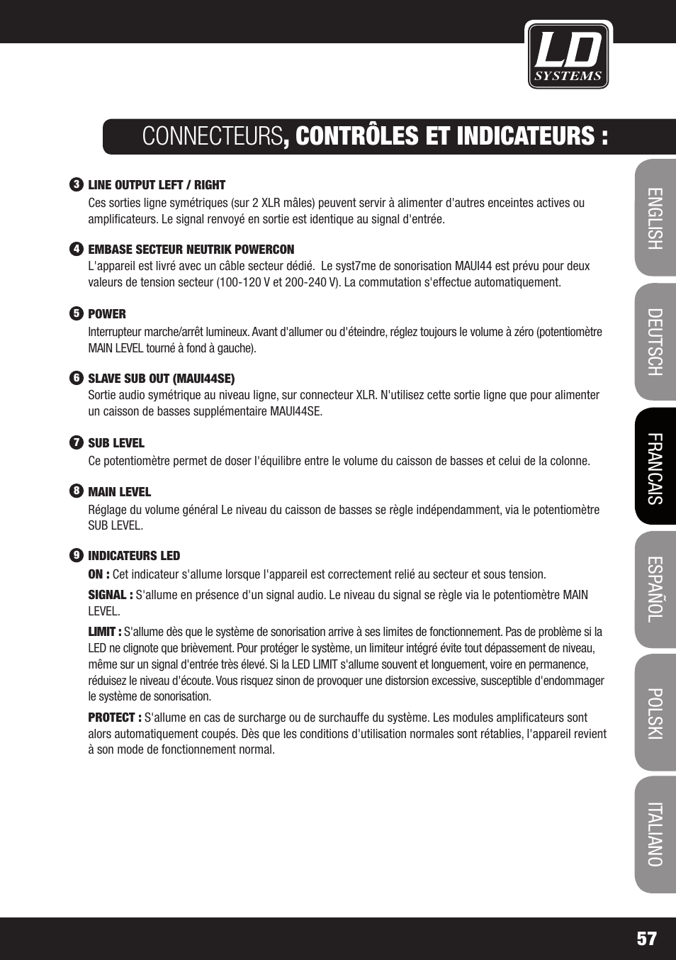 Connecteurs , contrôles et indicateurs | LD Systems MAUI 44 User Manual | Page 57 / 148