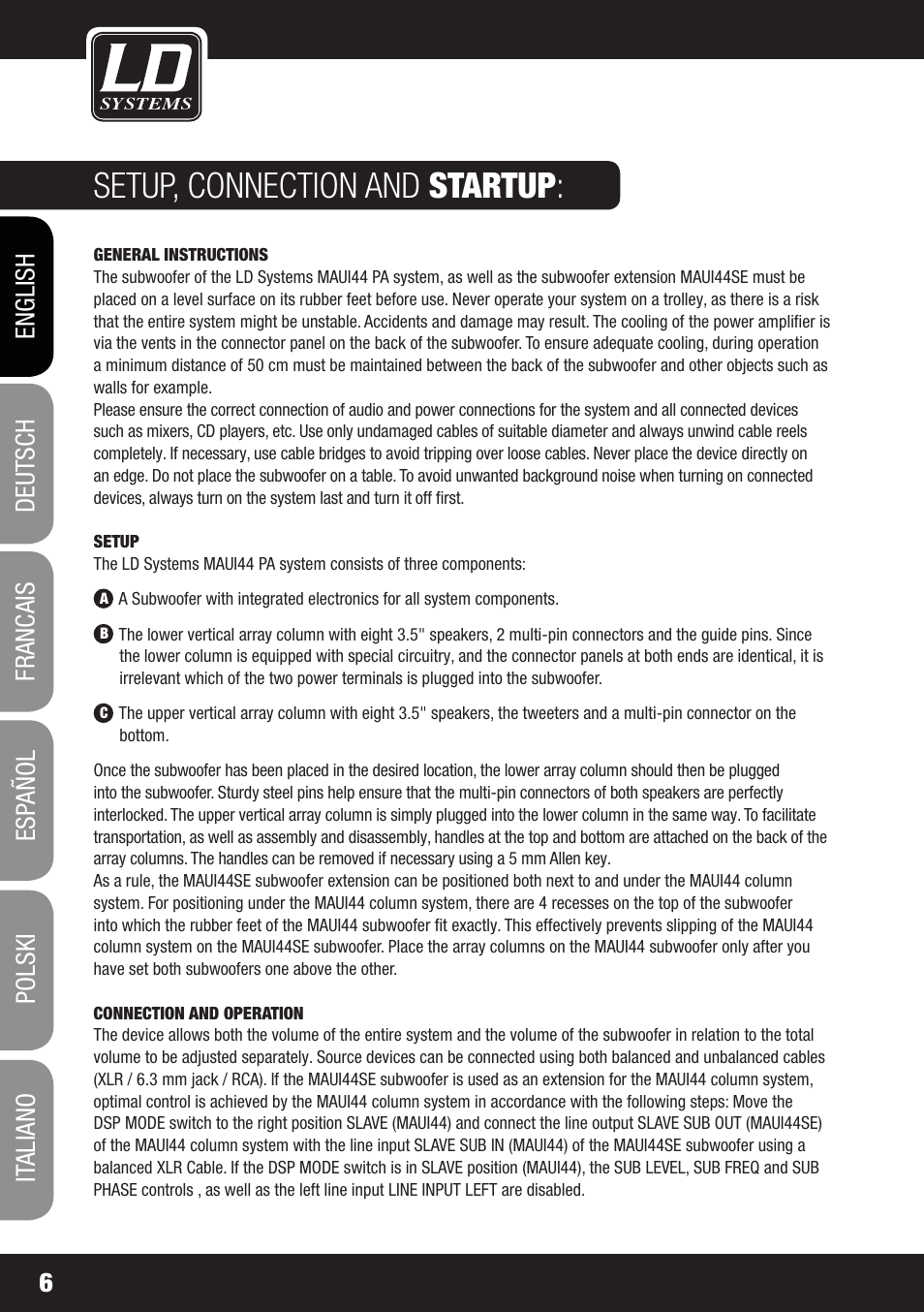 Setup, connection and startup | LD Systems MAUI 44 User Manual | Page 6 / 148