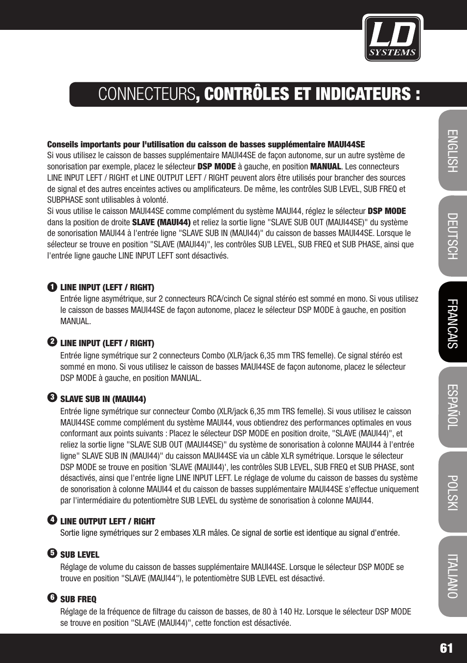 Connecteurs , contrôles et indicateurs | LD Systems MAUI 44 User Manual | Page 61 / 148