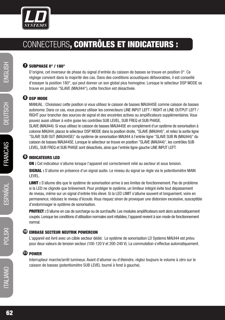 Connecteurs , contrôles et indicateurs | LD Systems MAUI 44 User Manual | Page 62 / 148