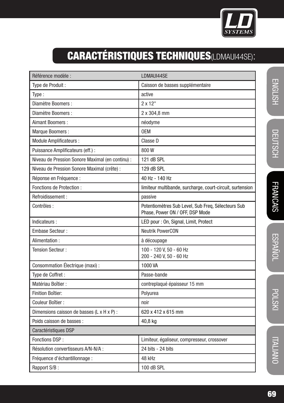 Caractéristiques techniques, Ldmaui44se) | LD Systems MAUI 44 User Manual | Page 69 / 148