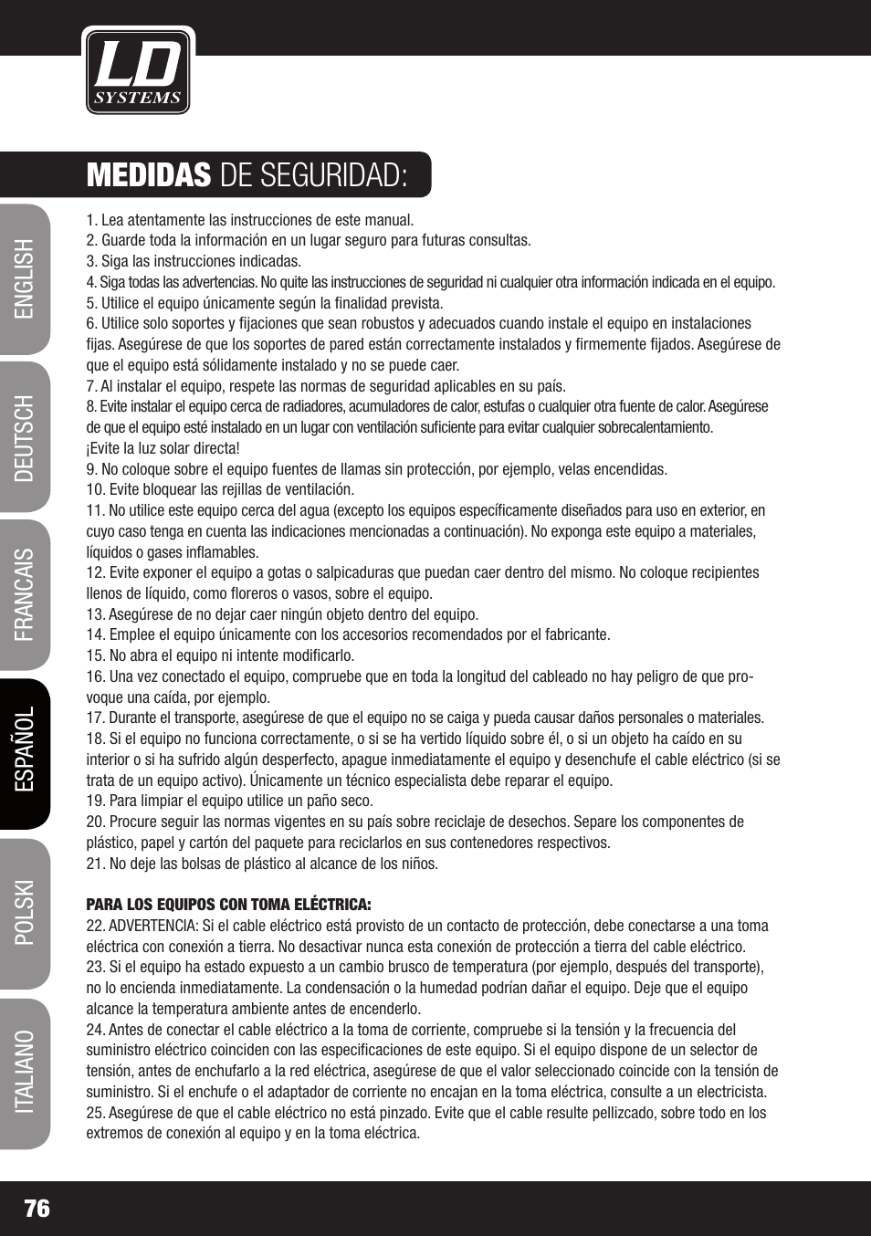 Medidas de seguridad | LD Systems MAUI 44 User Manual | Page 76 / 148