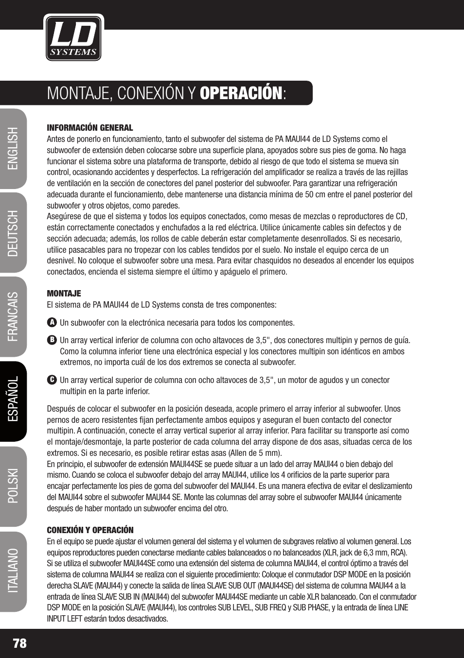 Montaje, conexión y operación | LD Systems MAUI 44 User Manual | Page 78 / 148