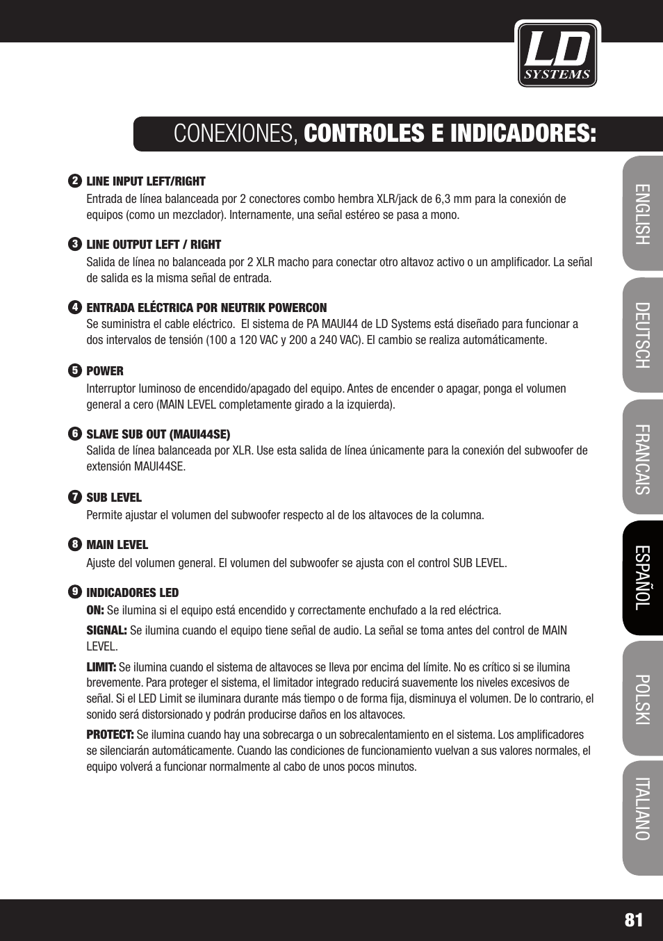 Conexiones, controles e indicadores | LD Systems MAUI 44 User Manual | Page 81 / 148