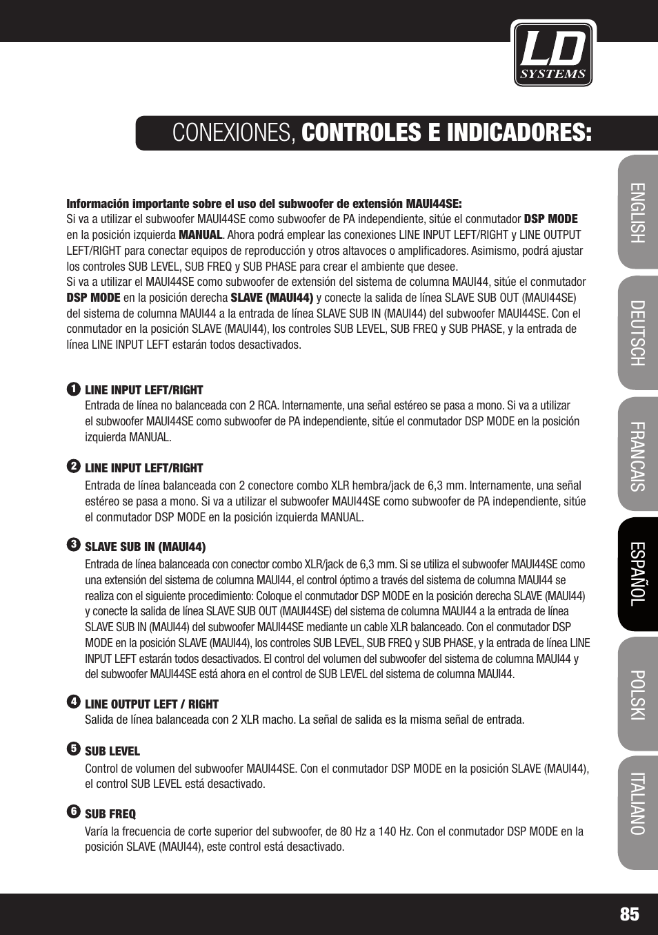 Conexiones, controles e indicadores | LD Systems MAUI 44 User Manual | Page 85 / 148