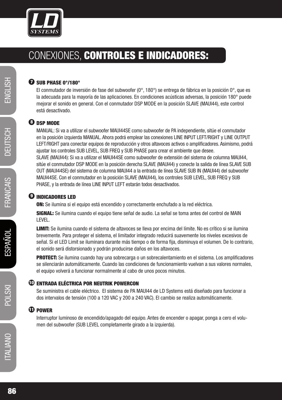 Conexiones, controles e indicadores | LD Systems MAUI 44 User Manual | Page 86 / 148