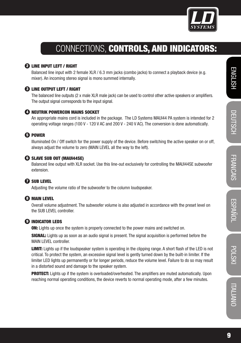 Connections, controls, and indicators | LD Systems MAUI 44 User Manual | Page 9 / 148