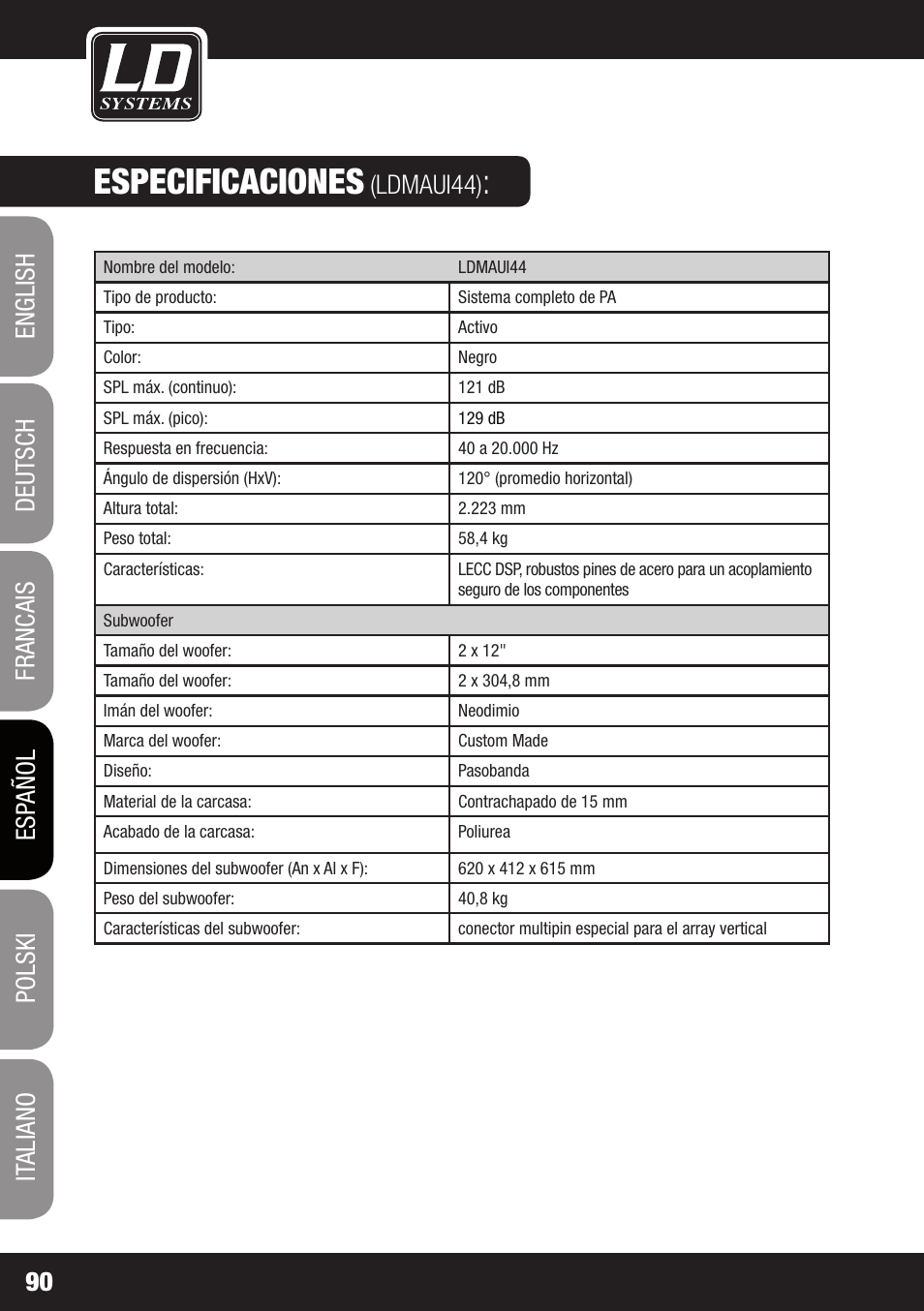 Especificaciones, Ldmaui44) | LD Systems MAUI 44 User Manual | Page 90 / 148