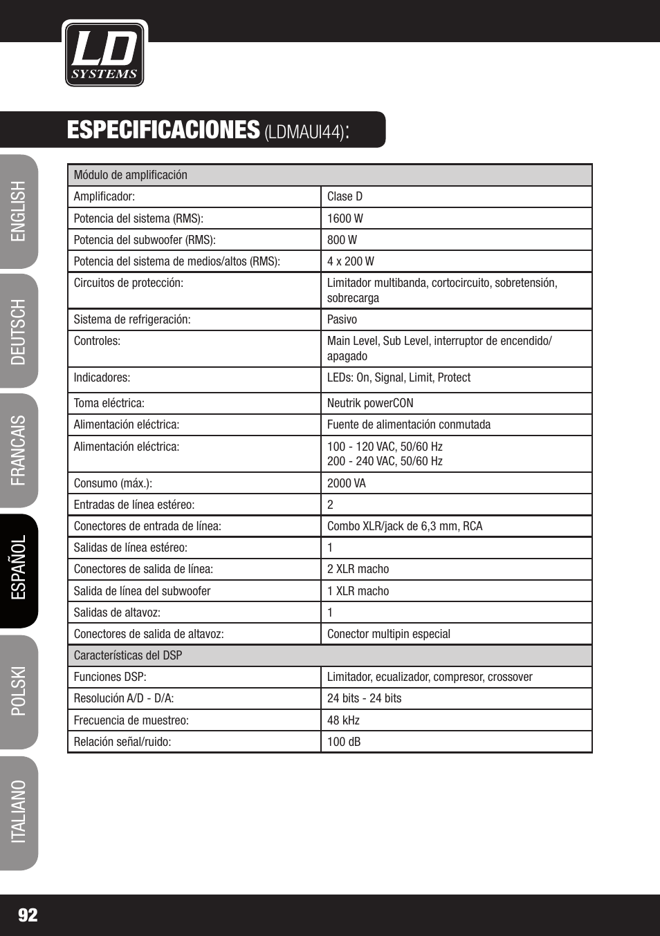 Especificaciones, Ldmaui44) | LD Systems MAUI 44 User Manual | Page 92 / 148