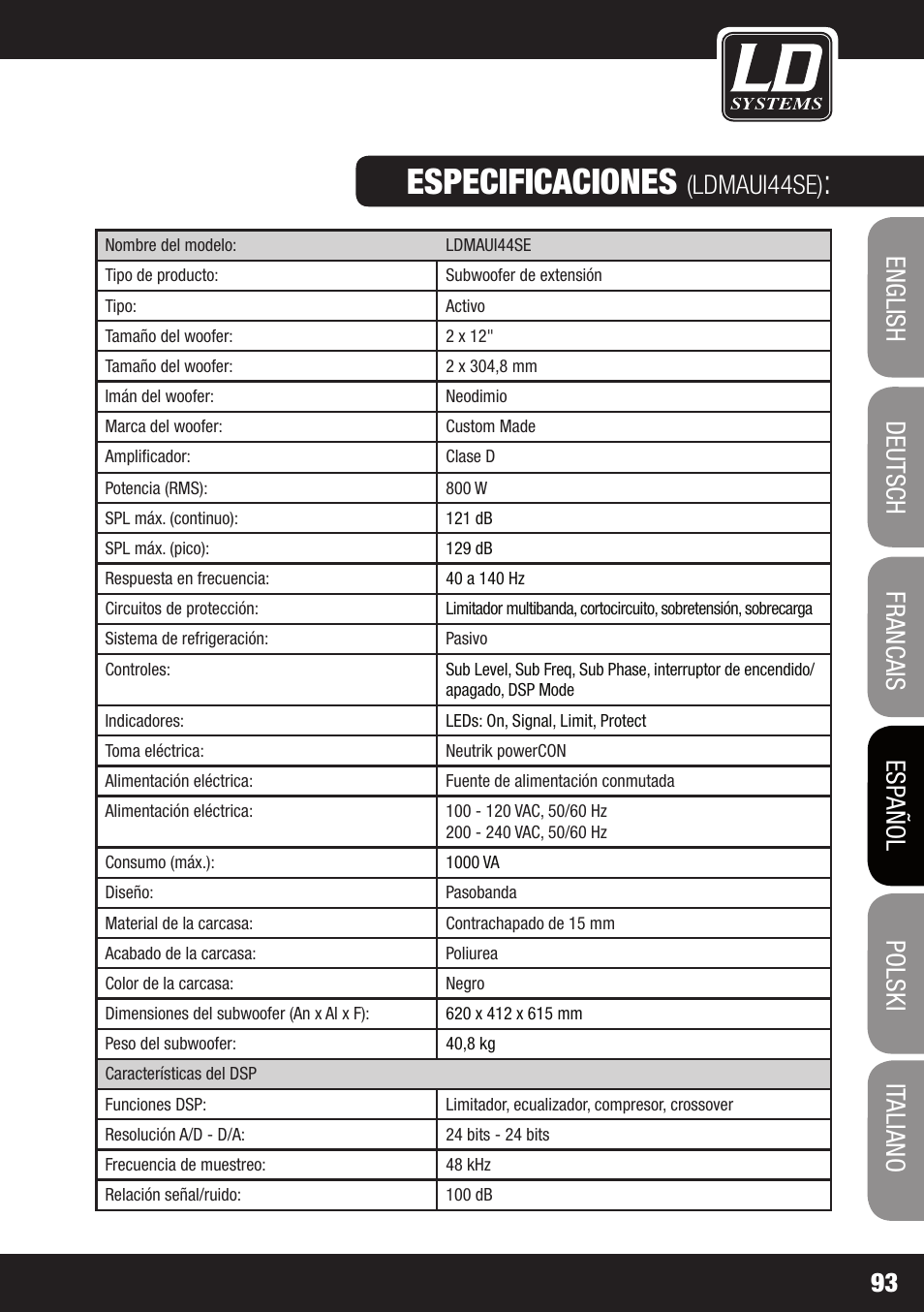 Especificaciones, Ldmaui44se) | LD Systems MAUI 44 User Manual | Page 93 / 148