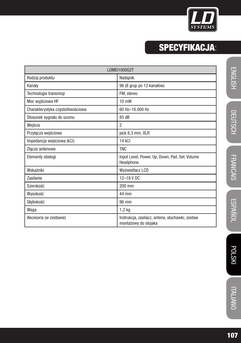 Specyfikacja | LD Systems MEI 1000 G2 User Manual | Page 107 / 134