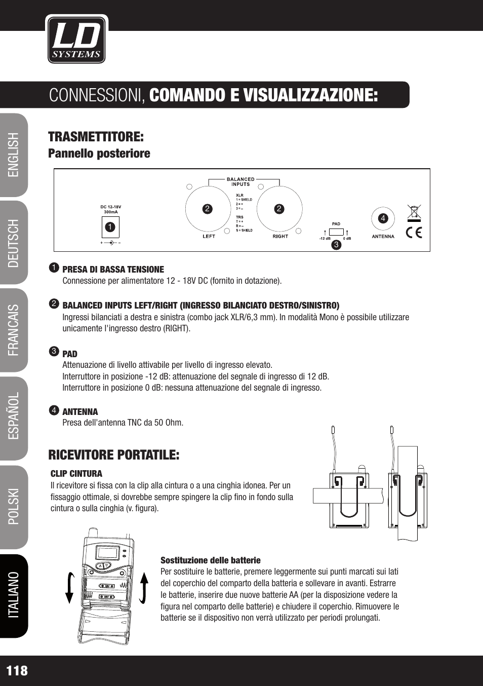 Connessioni, comando e visualizzazione, Trasmettitore, Ricevitore portatile | LD Systems MEI 1000 G2 User Manual | Page 118 / 134