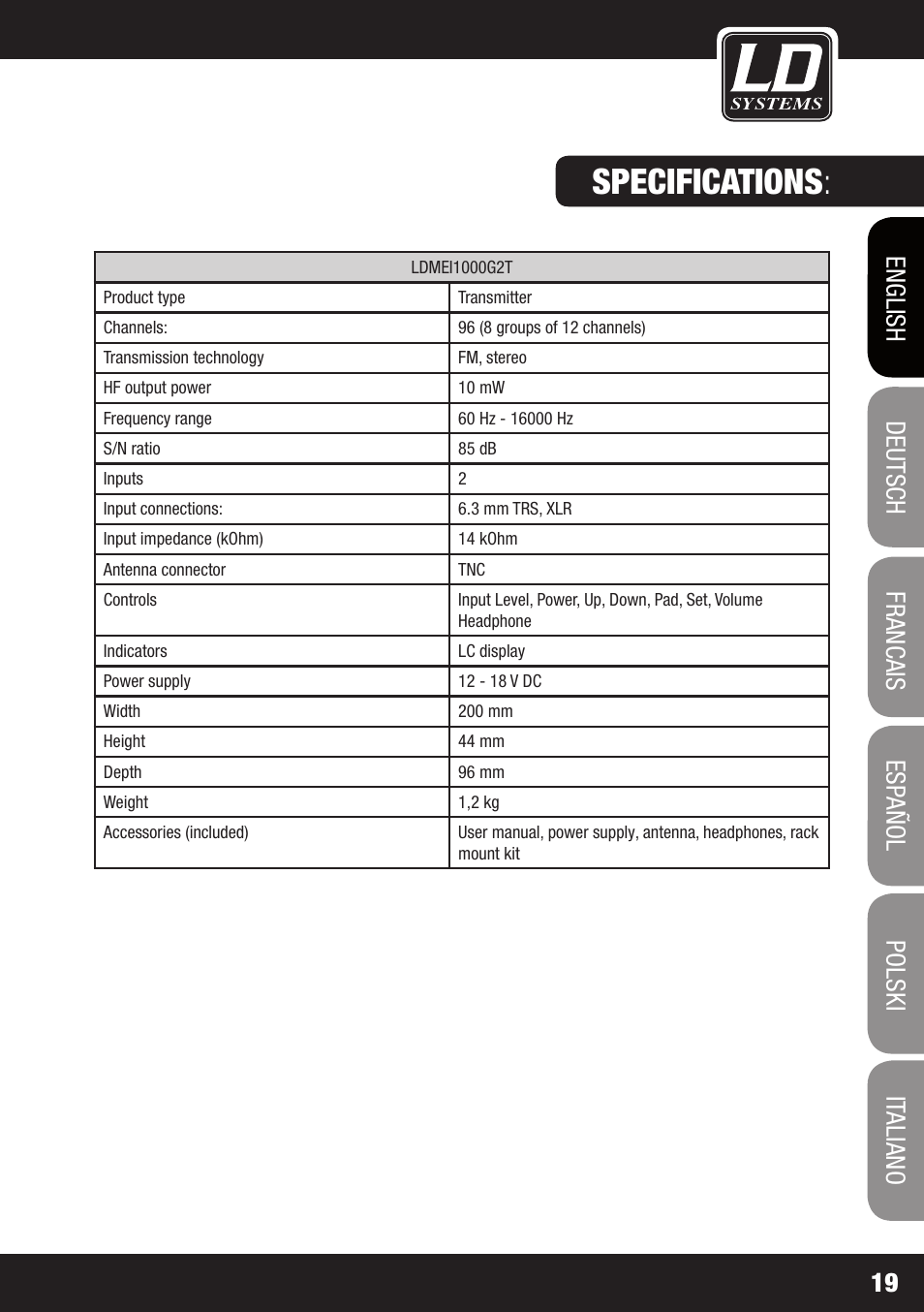Specifications | LD Systems MEI 1000 G2 User Manual | Page 19 / 134