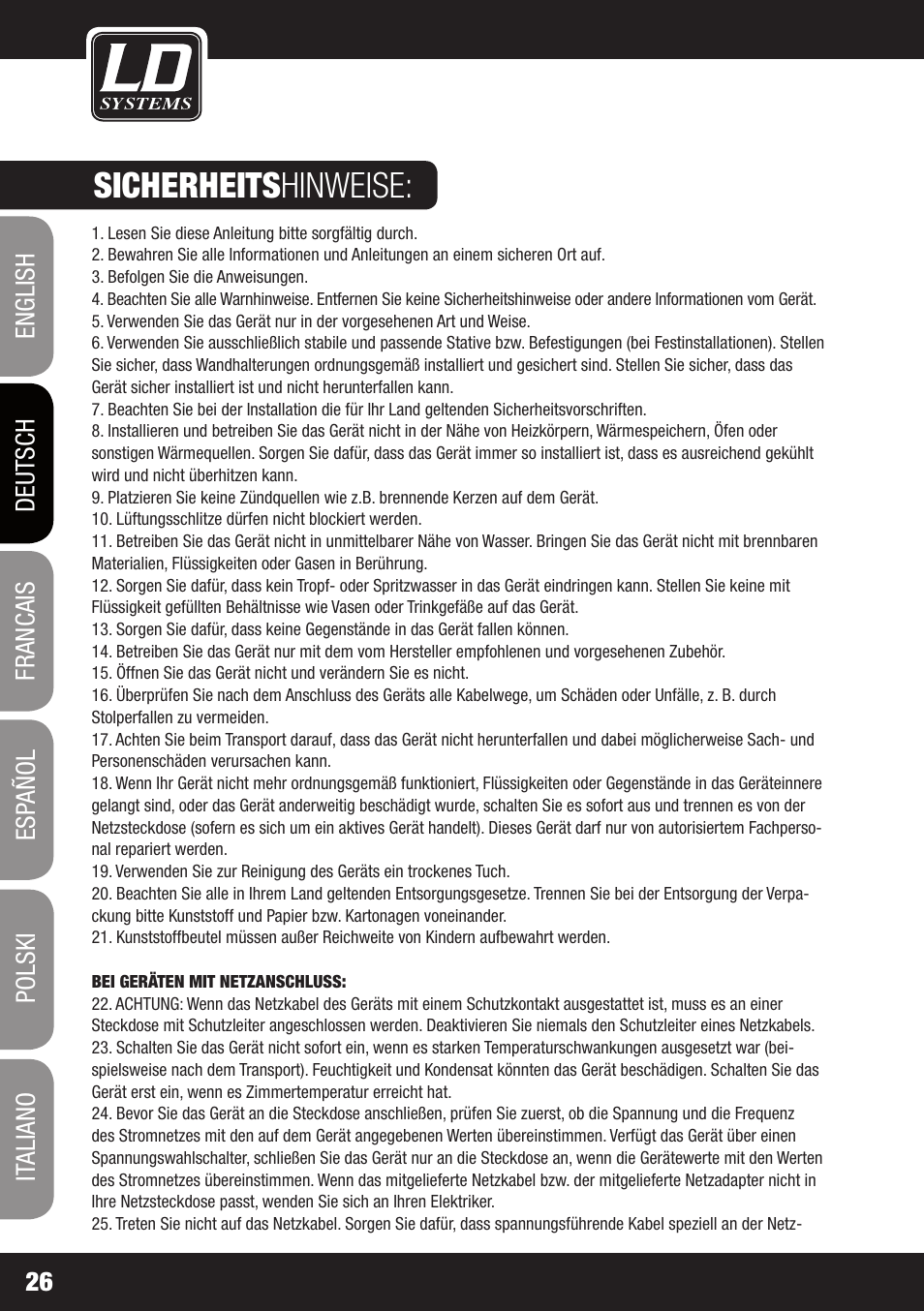 Sicherheits hinweise | LD Systems MEI 1000 G2 User Manual | Page 26 / 134