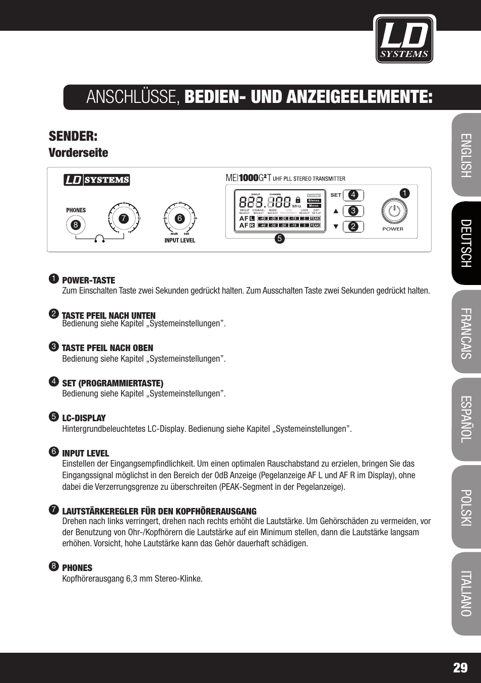 Anschlüsse, bedien- und anzeigeelemente, Sender, Vorderseite | LD Systems MEI 1000 G2 User Manual | Page 29 / 134