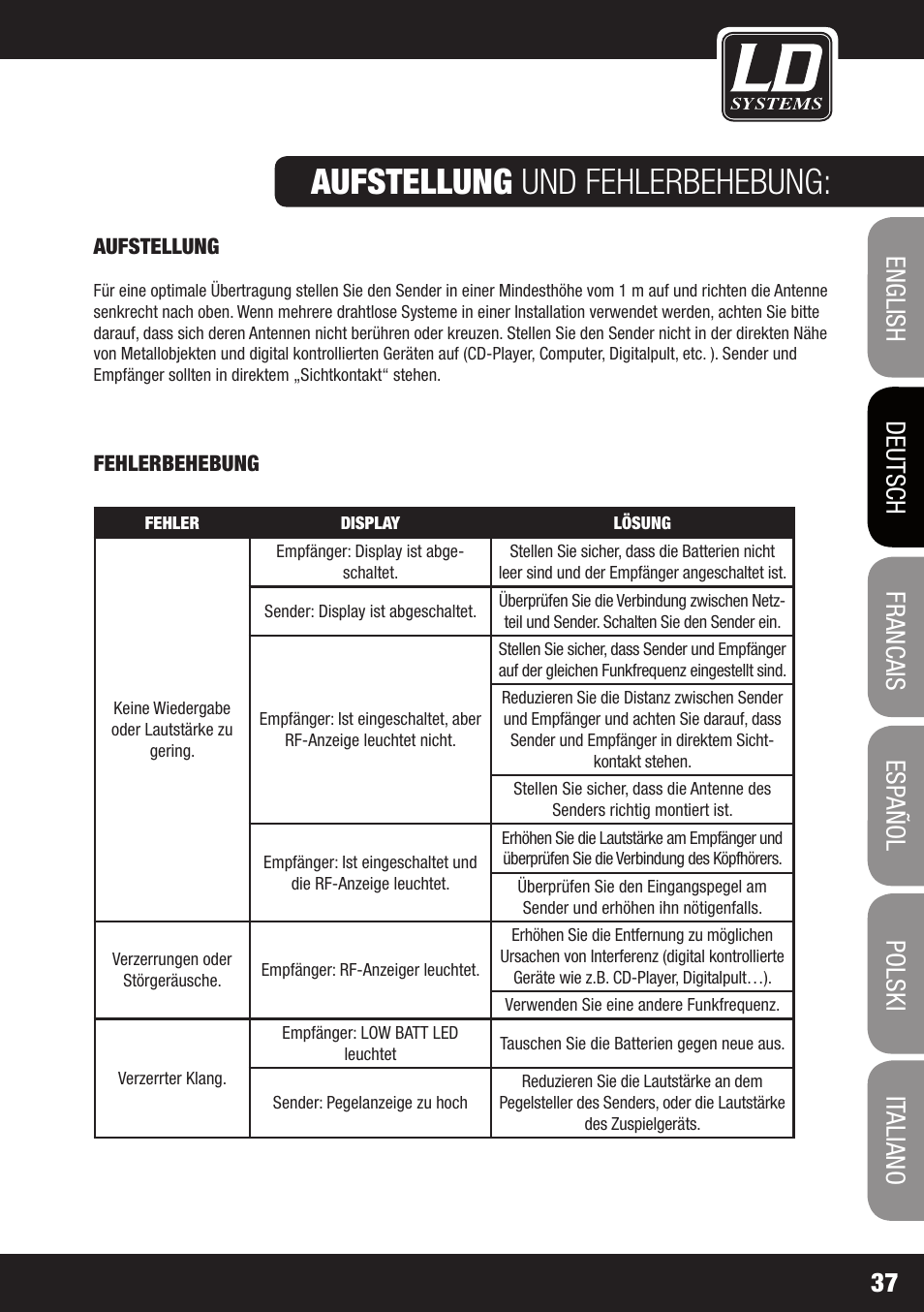 Aufstellung und fehlerbehebung | LD Systems MEI 1000 G2 User Manual | Page 37 / 134