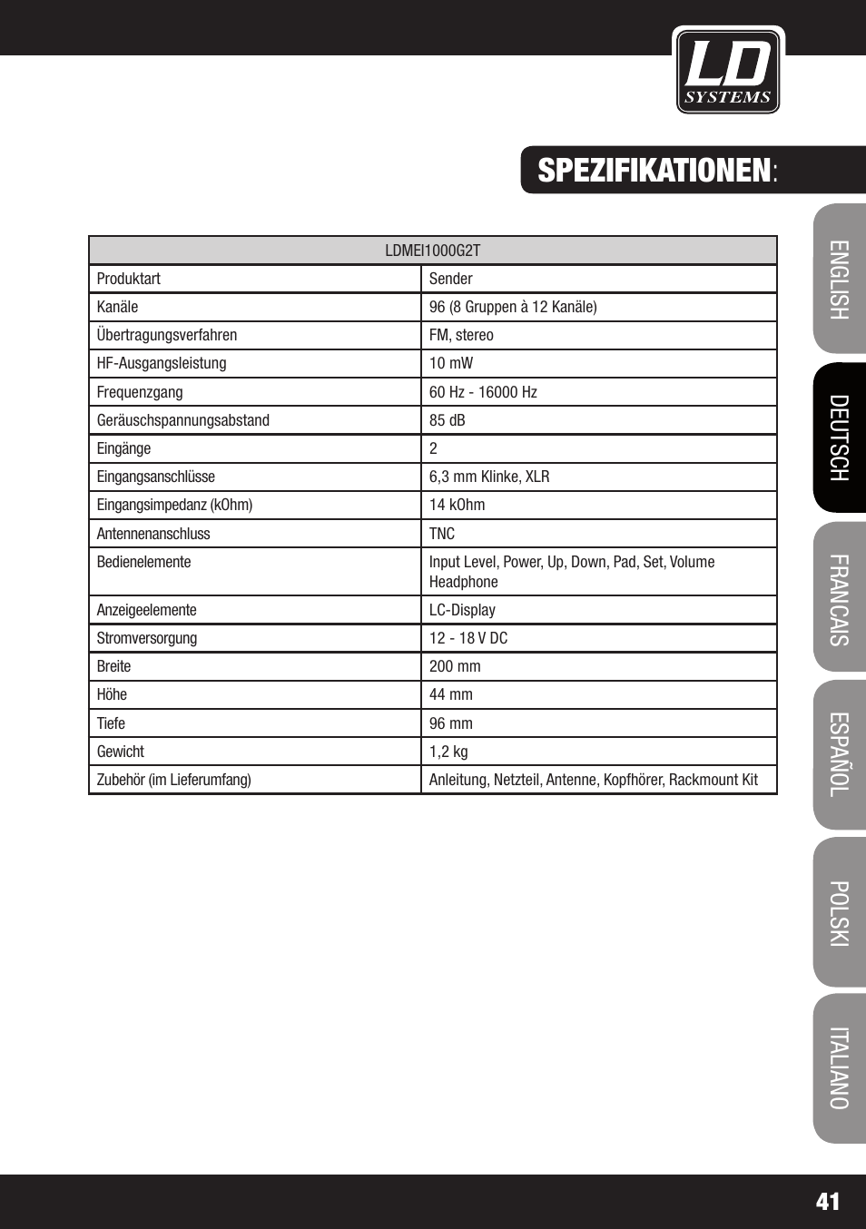 Spezifikationen | LD Systems MEI 1000 G2 User Manual | Page 41 / 134