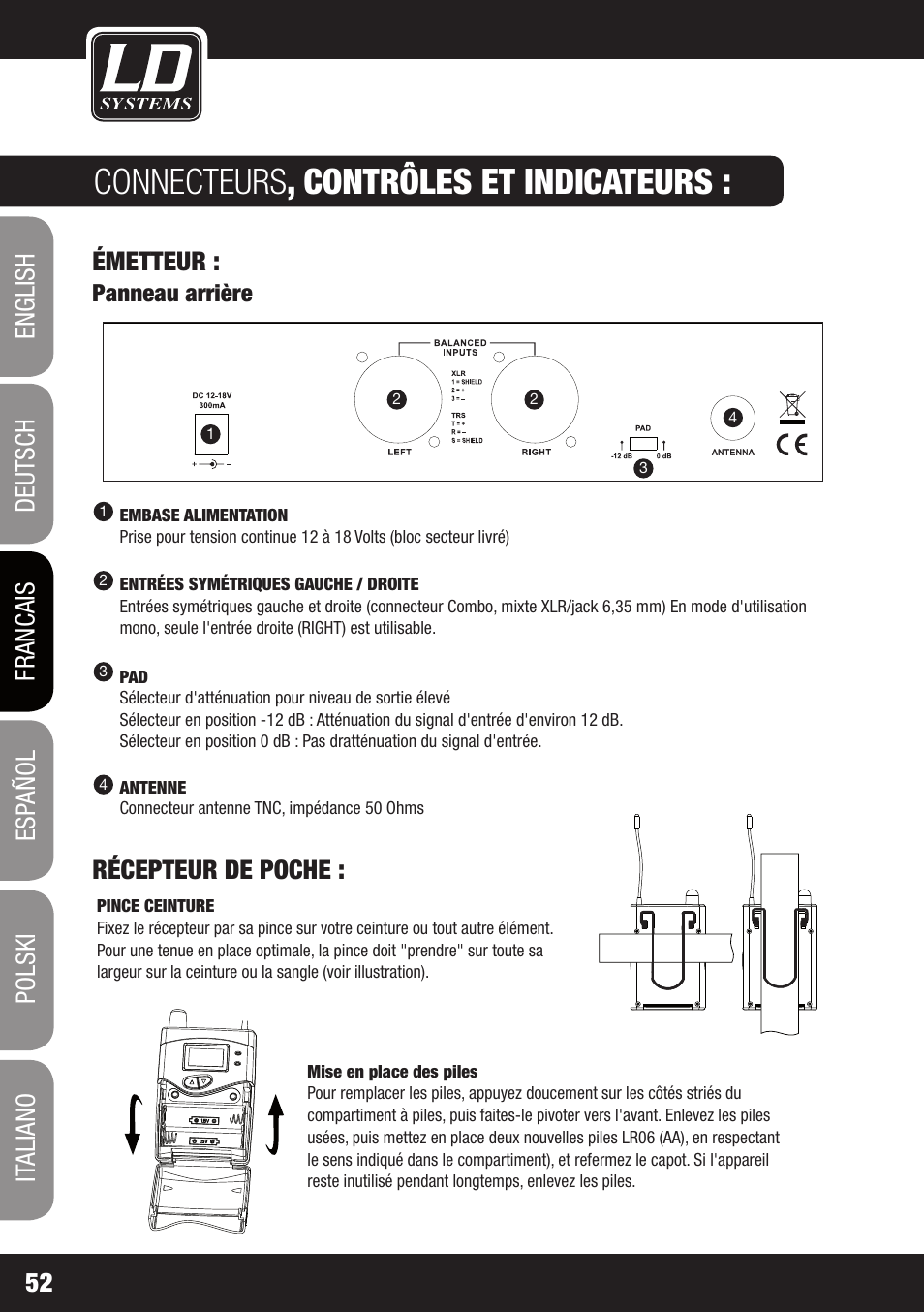 Connecteurs , contrôles et indicateurs, Émetteur, Récepteur de poche | LD Systems MEI 1000 G2 User Manual | Page 52 / 134