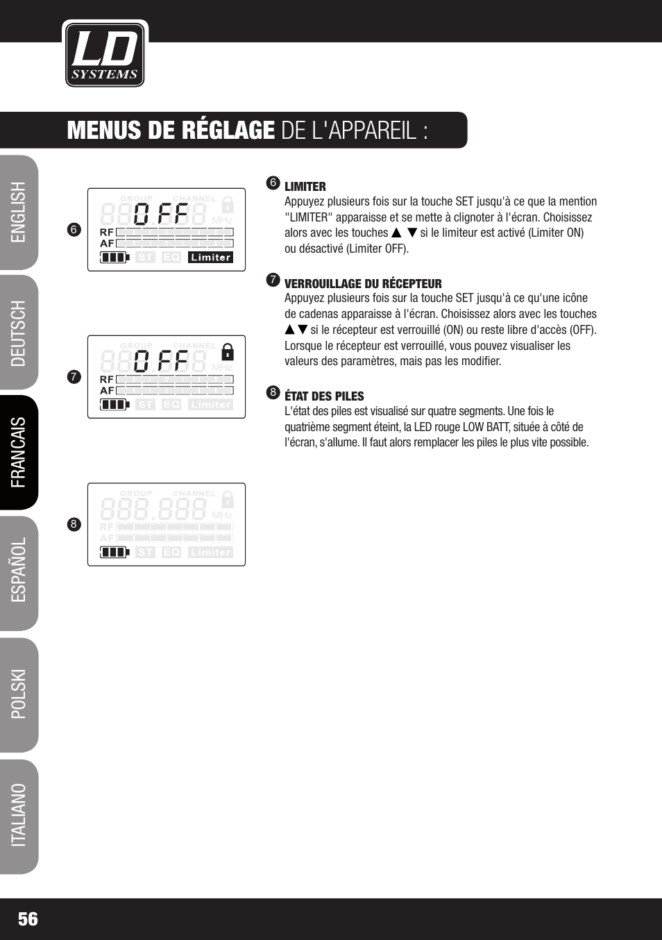Menus de réglage de l'appareil | LD Systems MEI 1000 G2 User Manual | Page 56 / 134