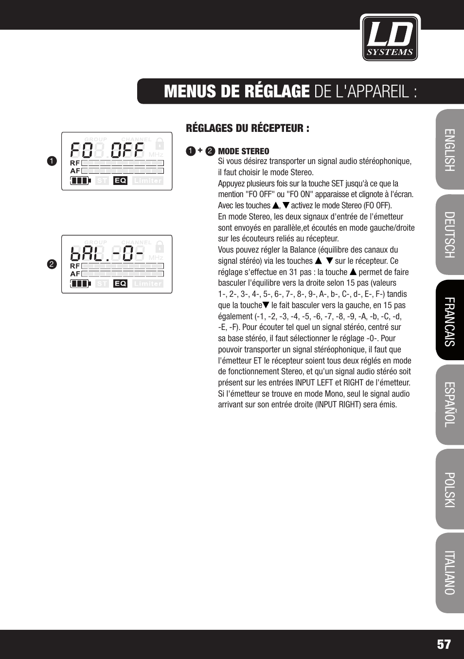 Menus de réglage de l'appareil | LD Systems MEI 1000 G2 User Manual | Page 57 / 134
