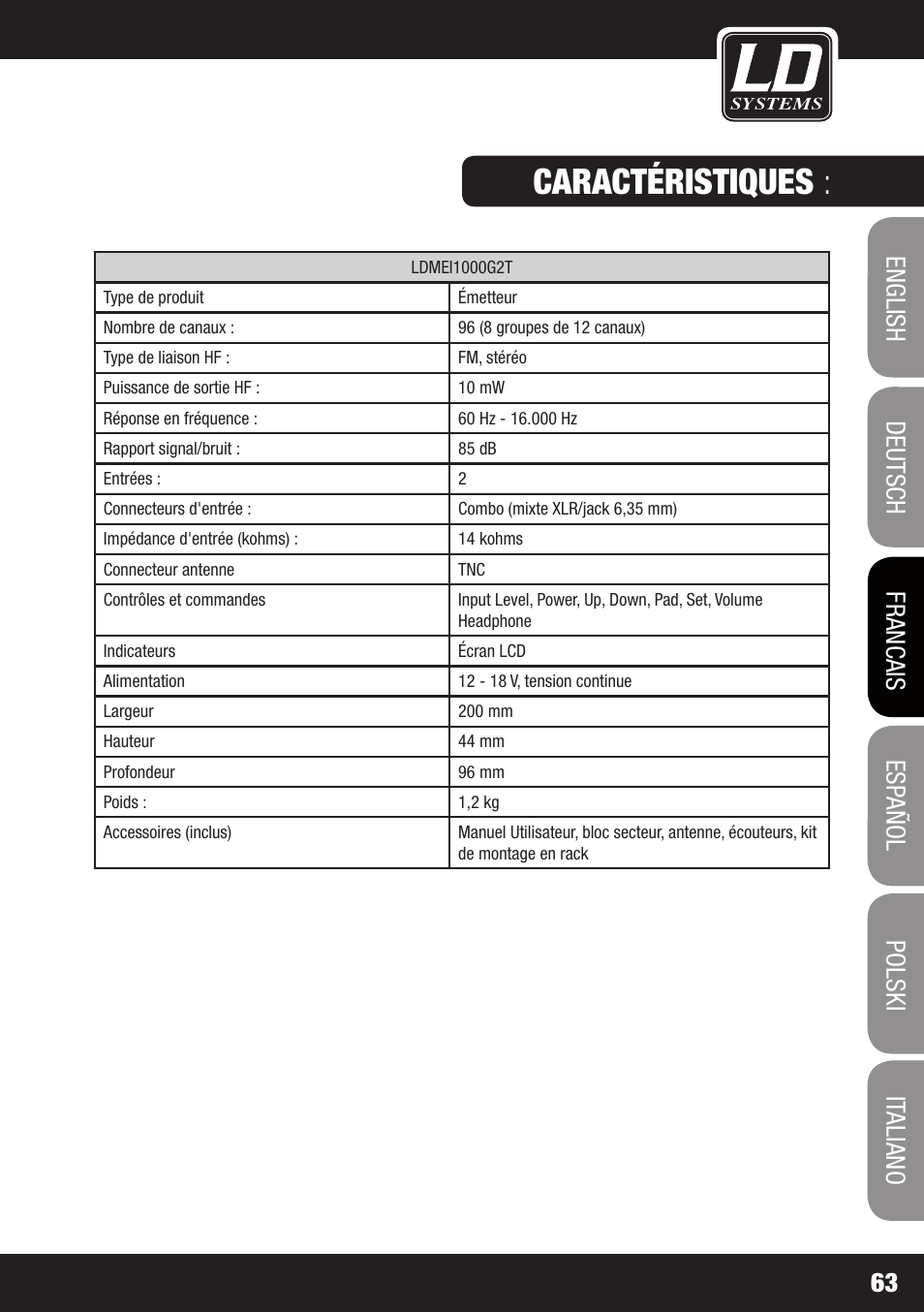 Caractéristiques | LD Systems MEI 1000 G2 User Manual | Page 63 / 134