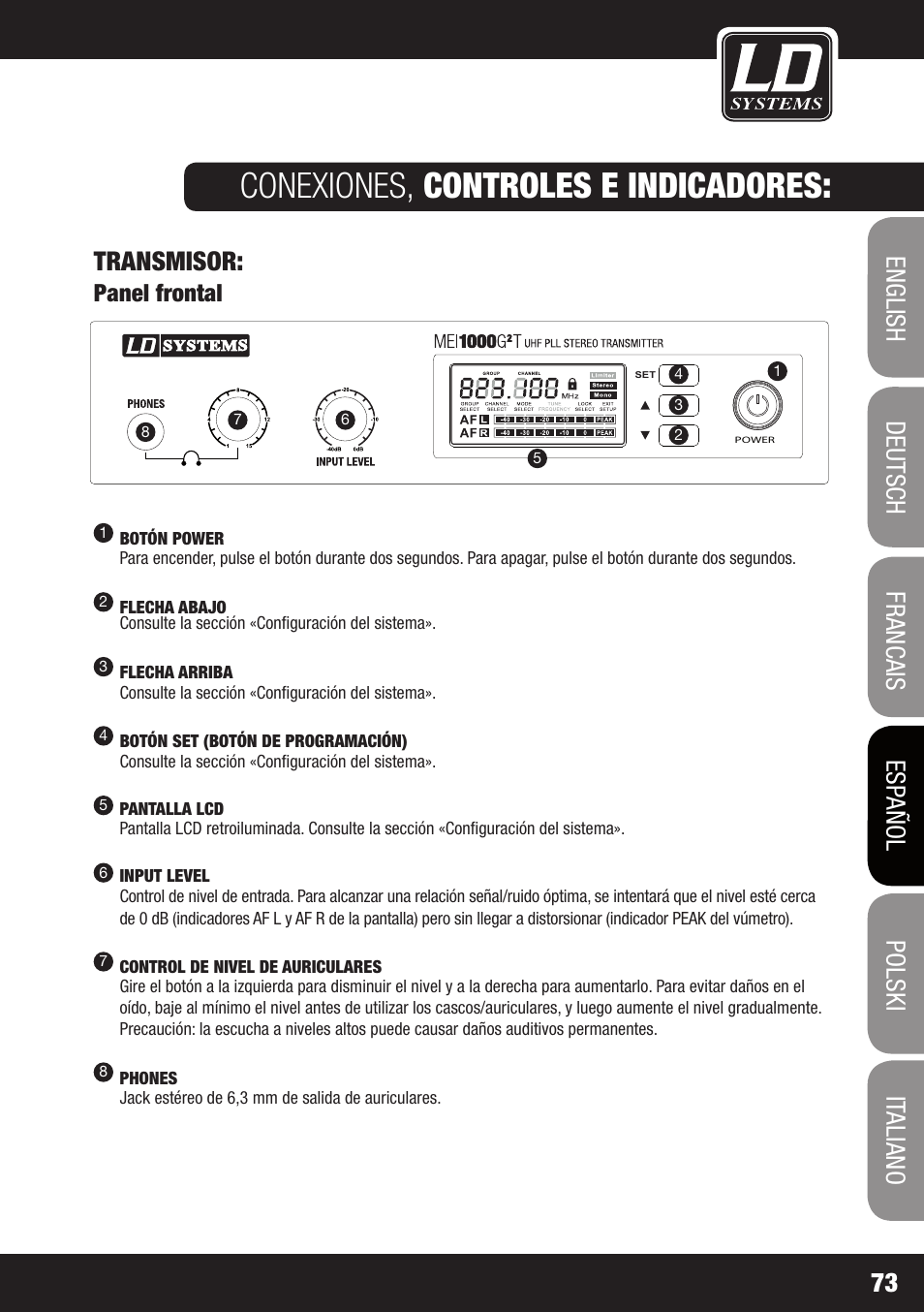 Conexiones, controles e indicadores, Transmisor, Panel frontal | LD Systems MEI 1000 G2 User Manual | Page 73 / 134
