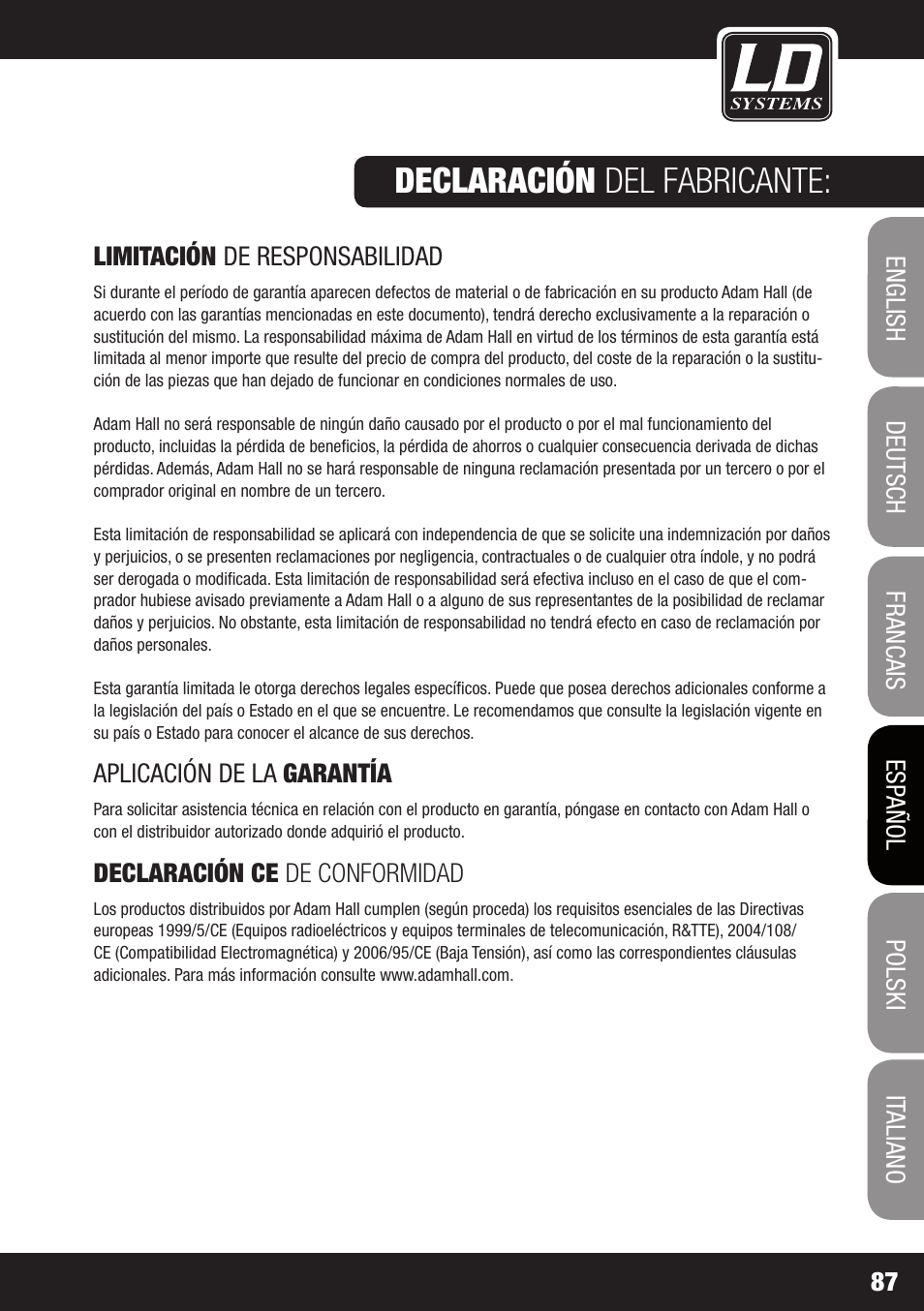 Declaración del fabricante | LD Systems MEI 1000 G2 User Manual | Page 87 / 134