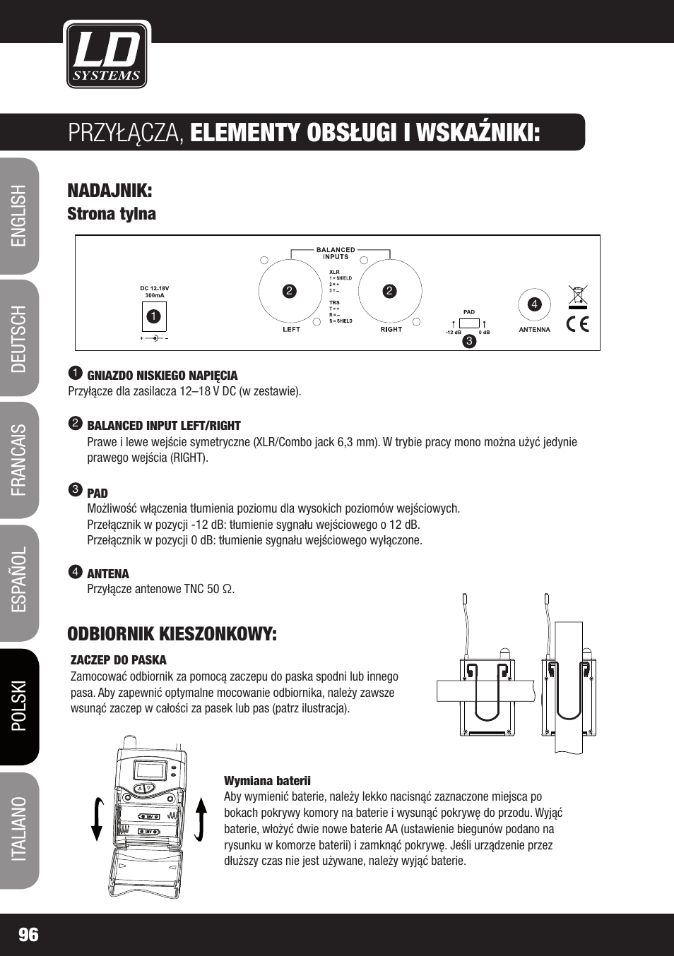 Przyłącza, elementy obsługi i wskaźniki, Nadajnik, Odbiornik kieszonkowy | LD Systems MEI 1000 G2 User Manual | Page 96 / 134