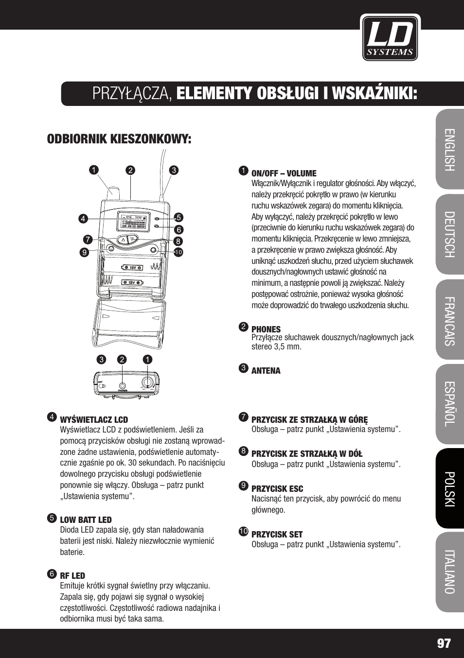 Przyłącza, elementy obsługi i wskaźniki, Odbiornik kieszonkowy | LD Systems MEI 1000 G2 User Manual | Page 97 / 134