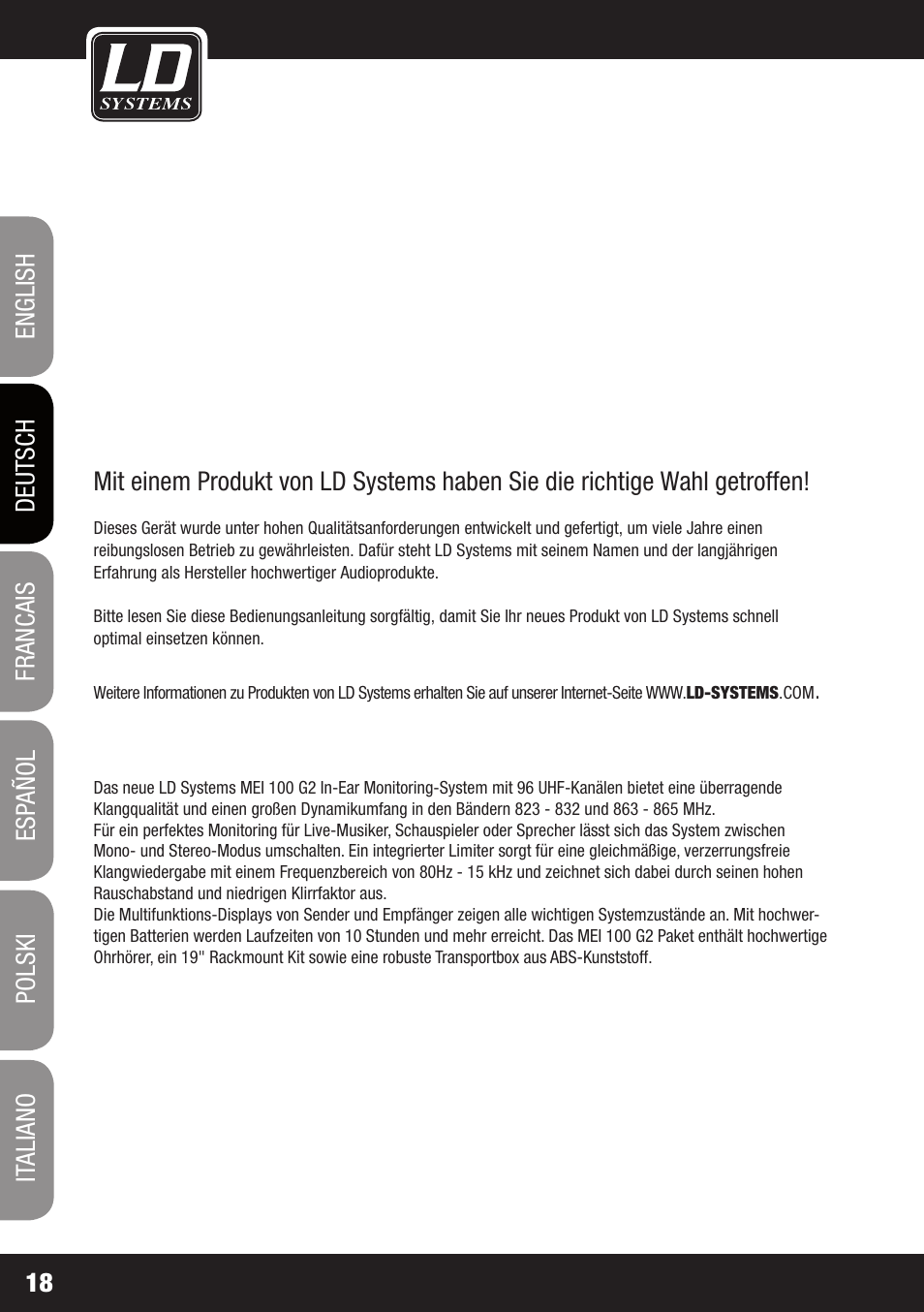 LD Systems MEI 100 G2 User Manual | Page 18 / 100