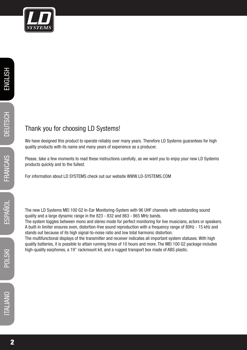 LD Systems MEI 100 G2 User Manual | Page 2 / 100