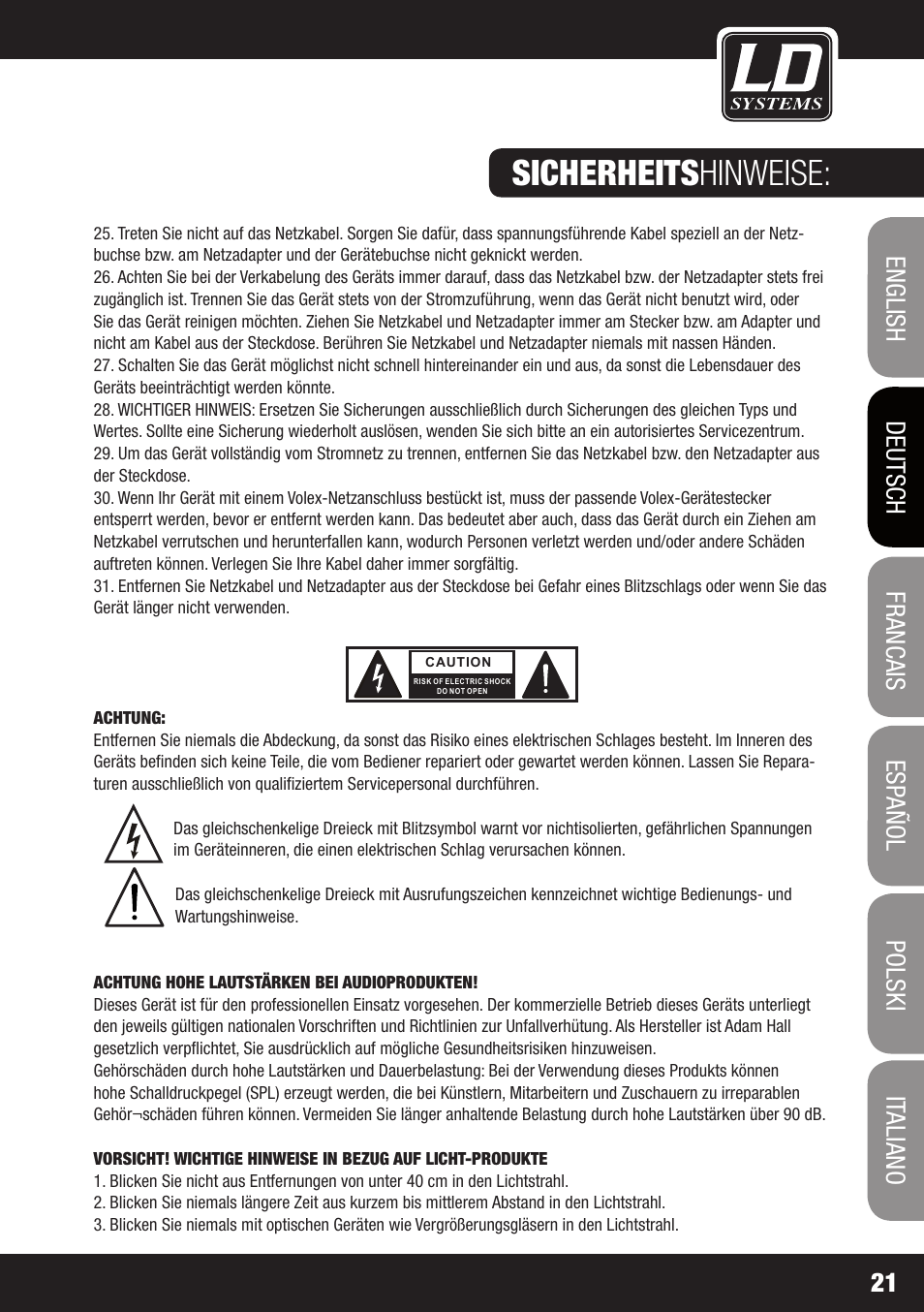 Sicherheits hinweise | LD Systems MEI 100 G2 User Manual | Page 21 / 100