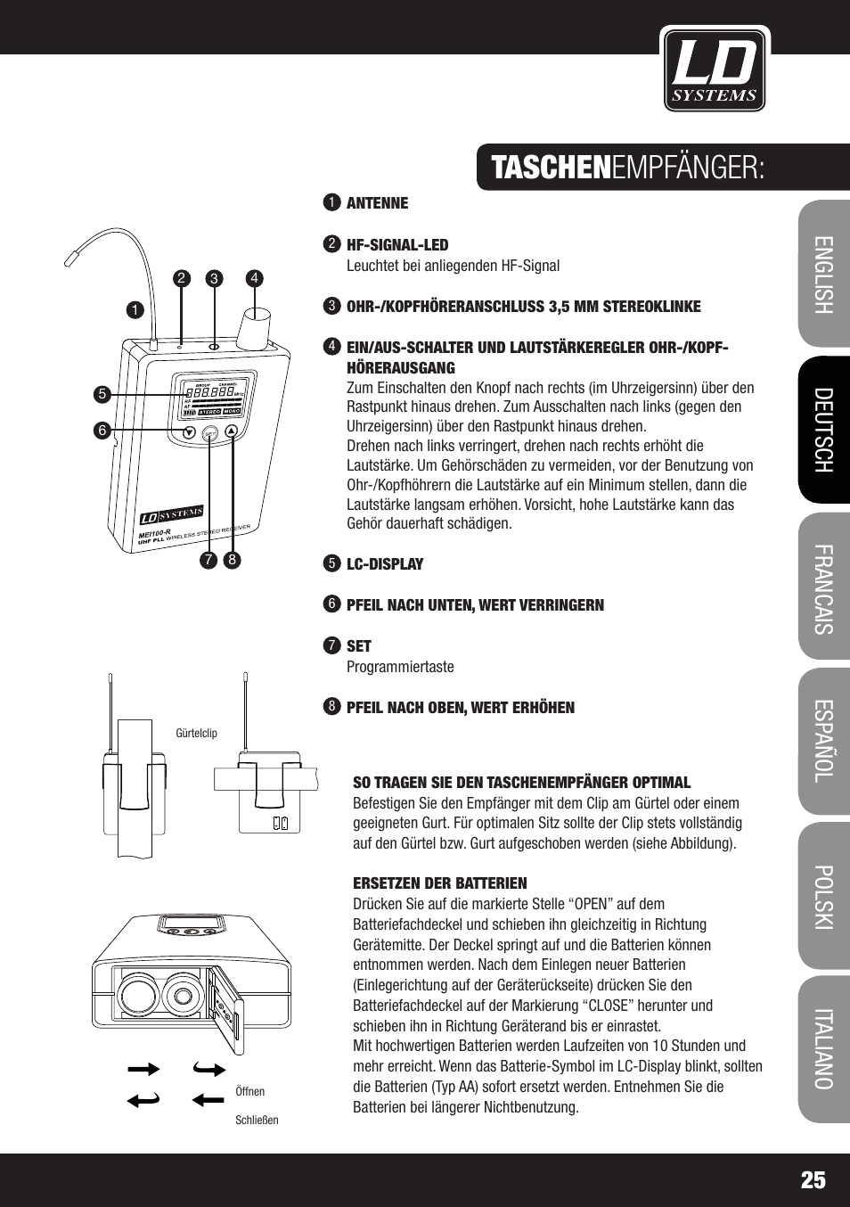 Taschen empfänger | LD Systems MEI 100 G2 User Manual | Page 25 / 100
