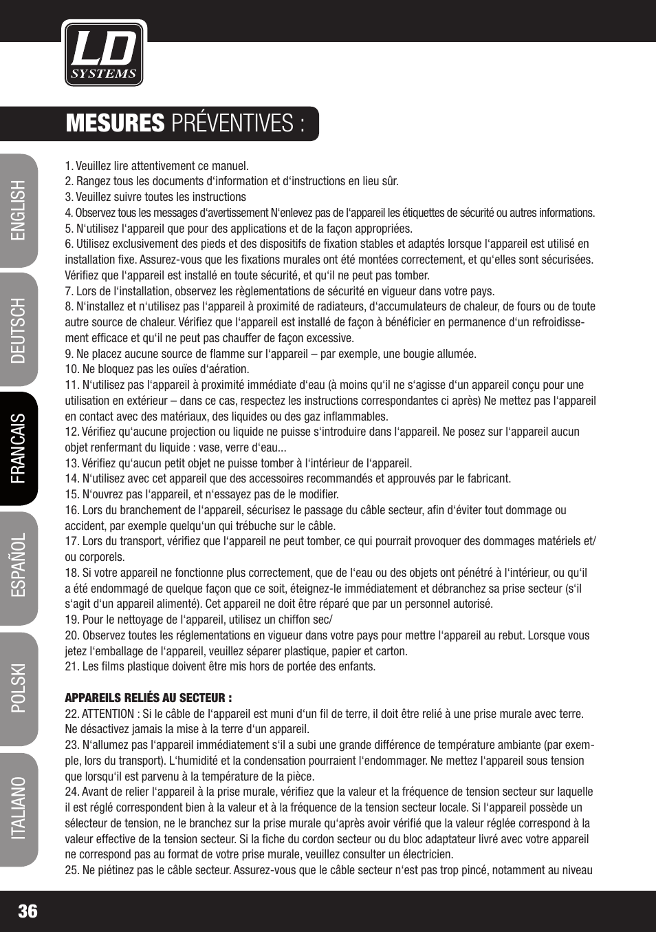 Mesures préventives | LD Systems MEI 100 G2 User Manual | Page 36 / 100