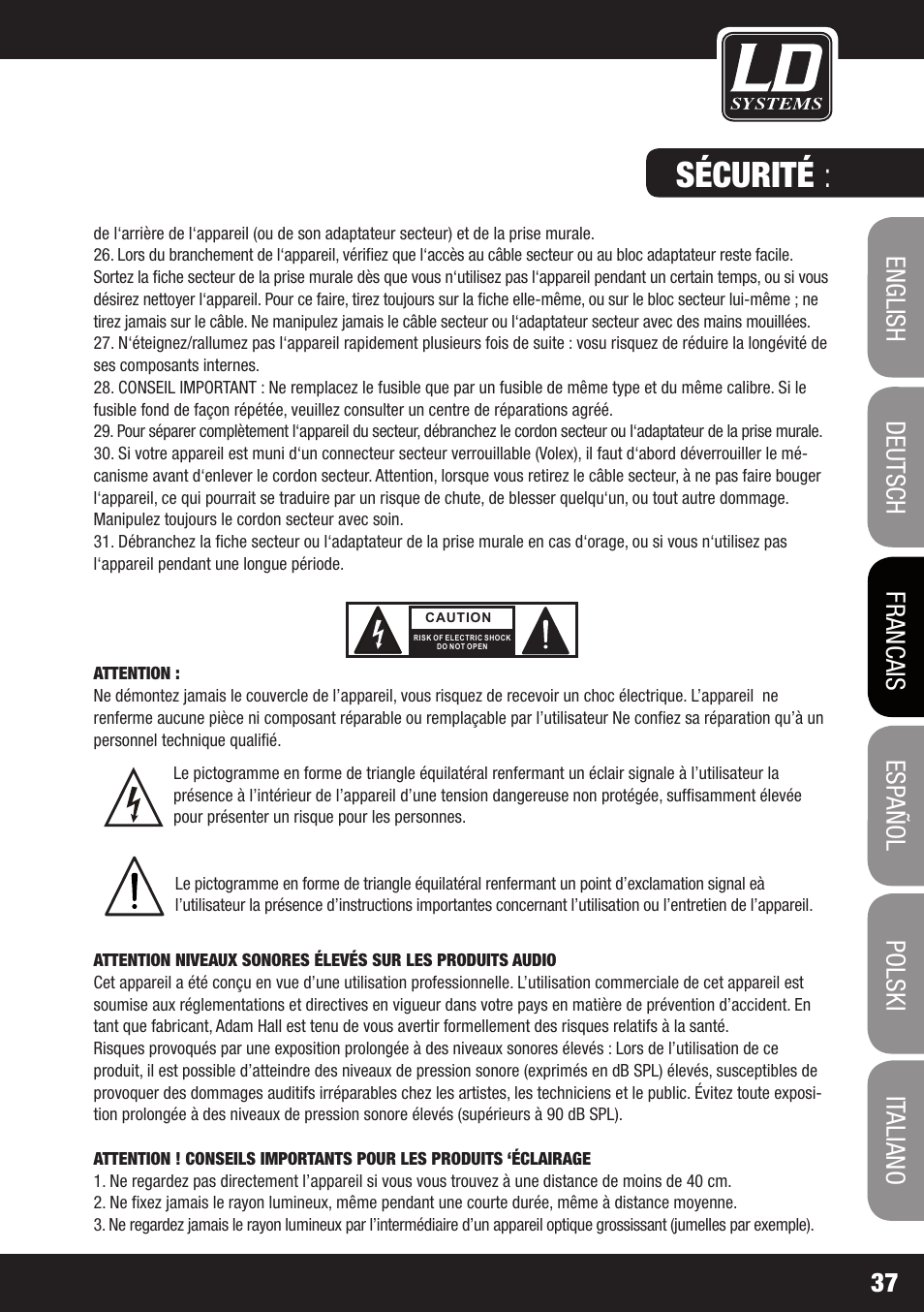Sécurité | LD Systems MEI 100 G2 User Manual | Page 37 / 100
