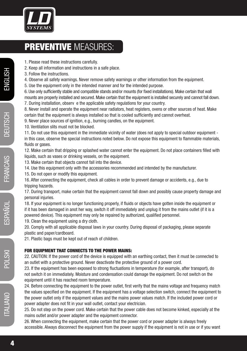 Preventive measures | LD Systems MEI 100 G2 User Manual | Page 4 / 100