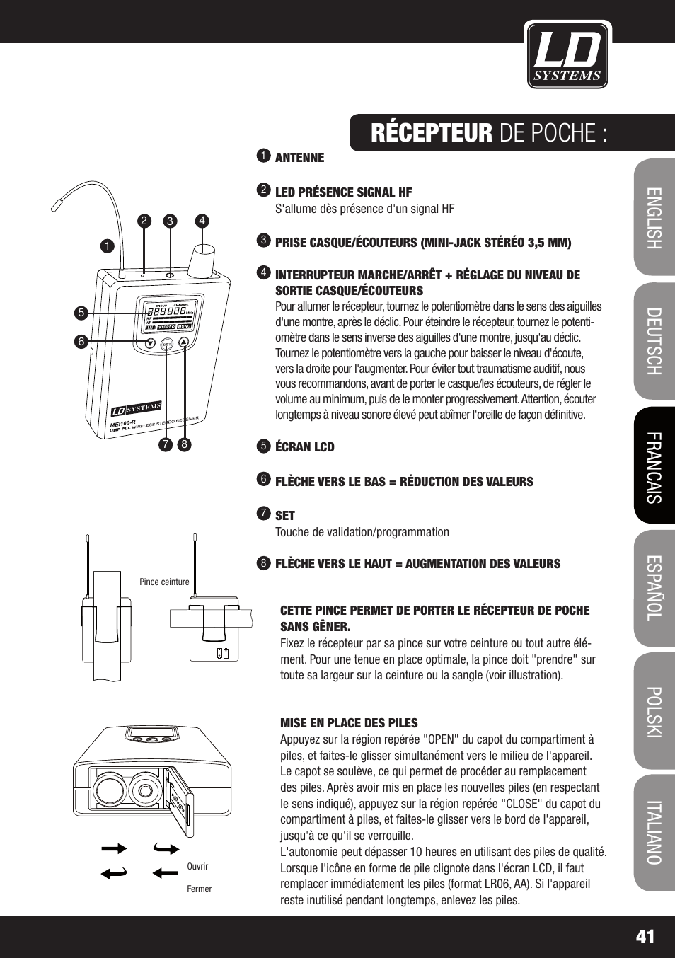 Récepteur de poche | LD Systems MEI 100 G2 User Manual | Page 41 / 100