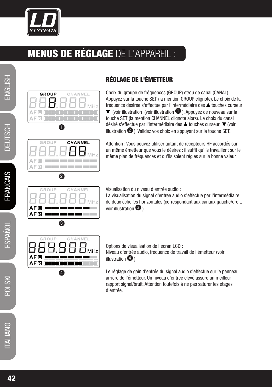 Menus de réglage de l'appareil | LD Systems MEI 100 G2 User Manual | Page 42 / 100