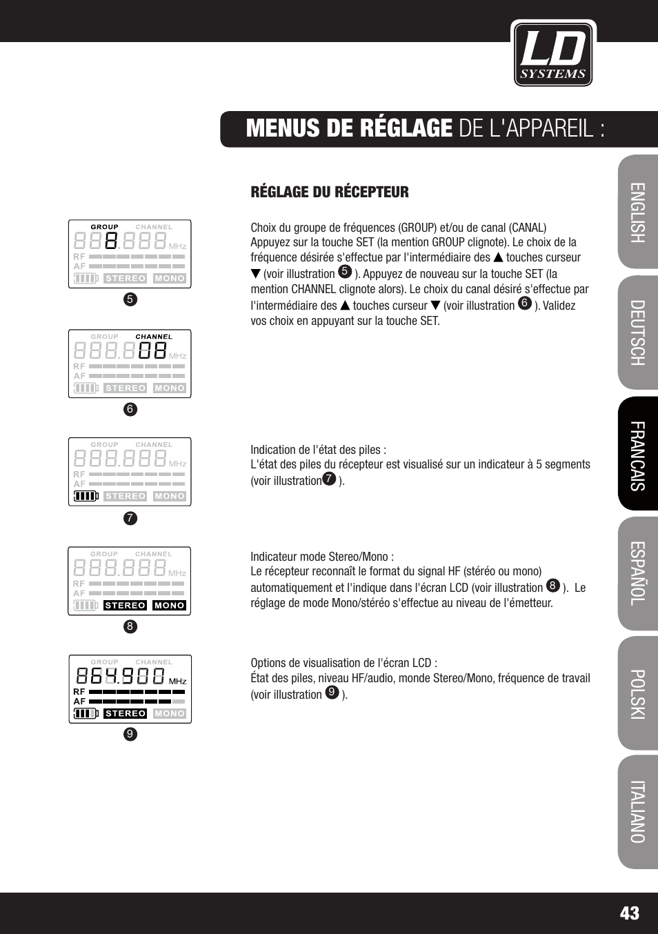 Menus de réglage de l'appareil | LD Systems MEI 100 G2 User Manual | Page 43 / 100